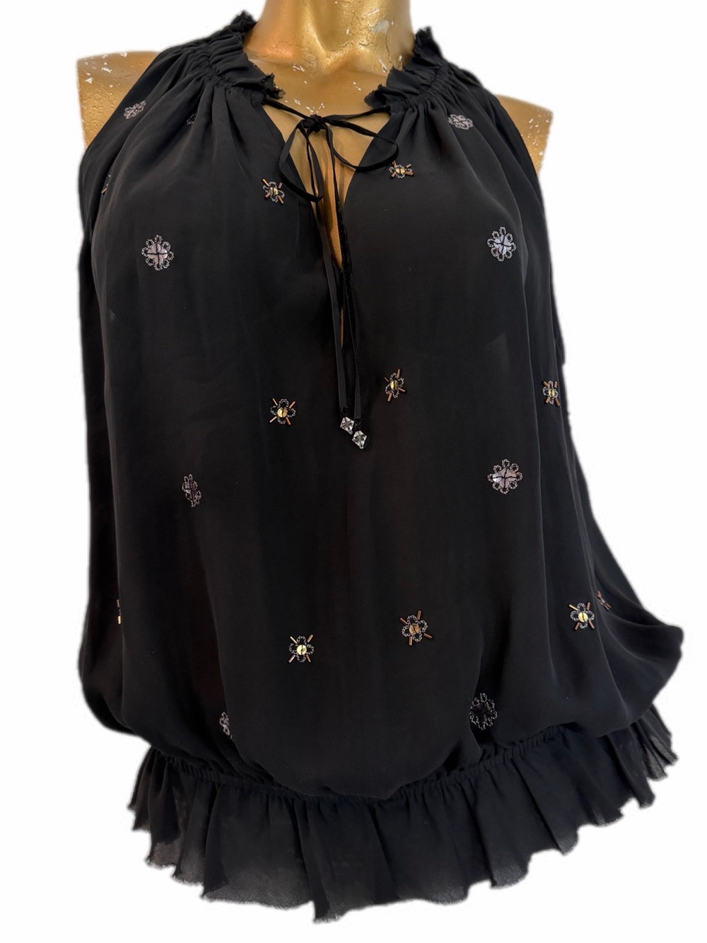 Y2K Vintage Express Y2K 100% Silk Beaded Embellished Tie Neck Blouson Top S